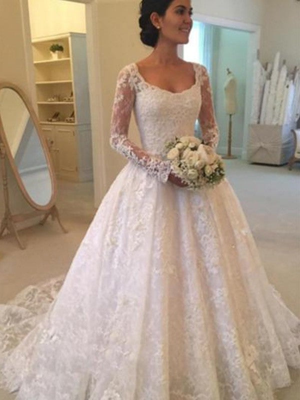 Gown Ball Cathedral Train Sleeves Ruffles Long Scoop Lace Wedding Dresses