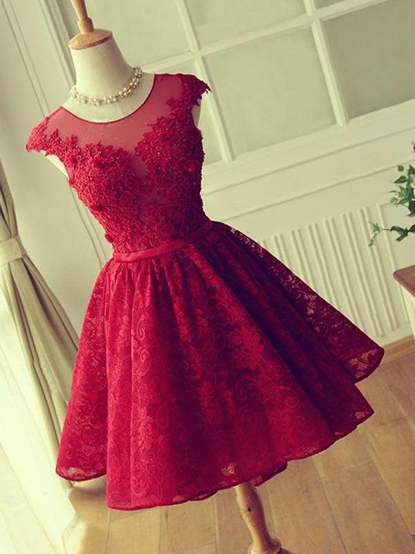 Jewel With A-Line Applique Lace Cut Short Red Homecoming Dresses