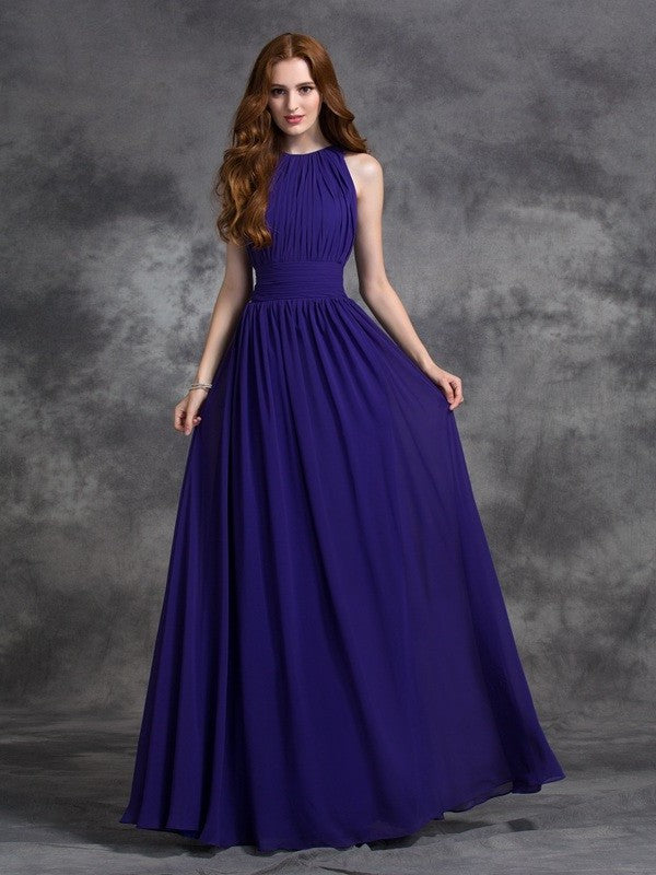 Sleeveless Jewel A-line/Princess Long Ruched Chiffon Bridesmaid Dresses