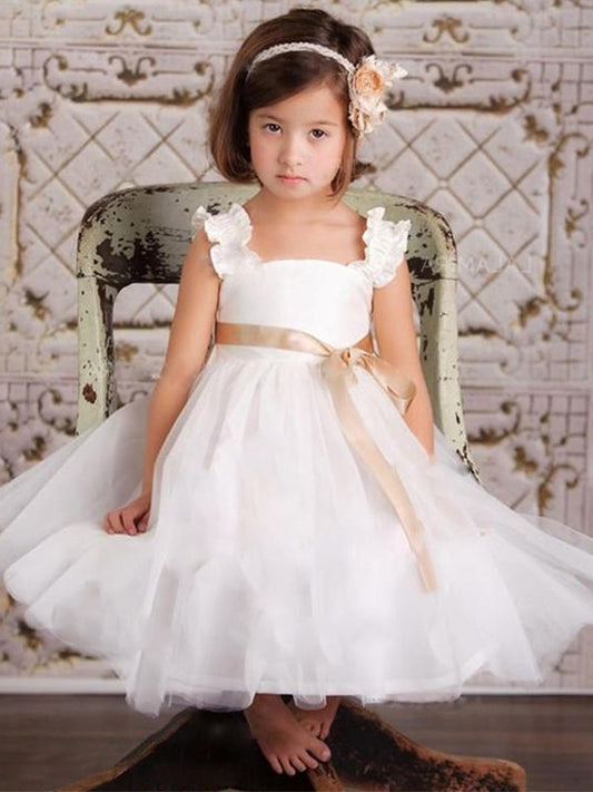 A-Line/Princess Sash/Ribbon/Belt Straps Sleeveless Ankle-Length Tulle Flower Girl Dresses