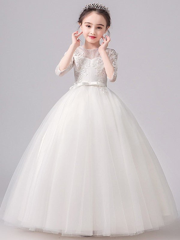 Bowknot Floor-Length Scoop 3/4 Sleeves A-Line/Princess Lace Flower Girl Dresses