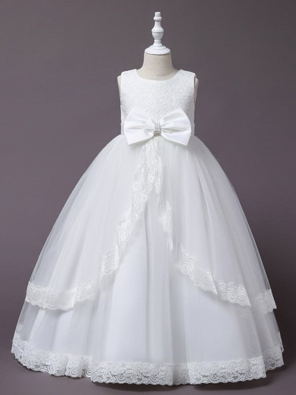 Floor-Length Scoop Sleeveless Tulle Applique Ball Gown Flower Girl Dresses