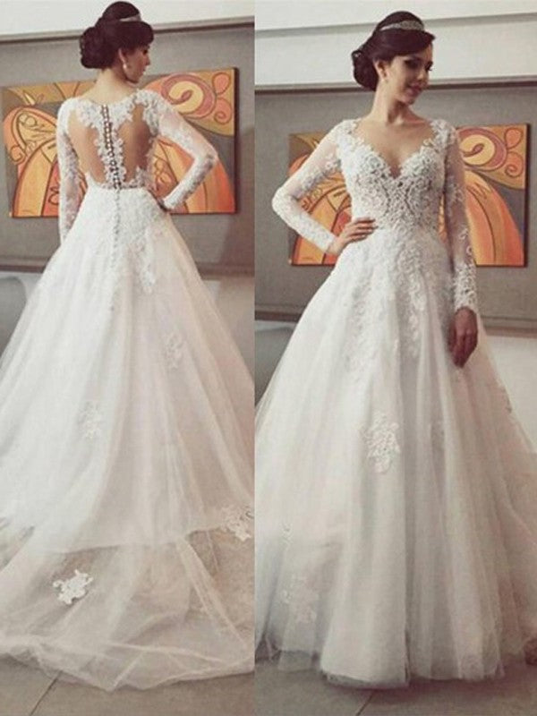 Lace Long Ball Gown V-neck Train Sleeves Court Tulle Wedding Dresses