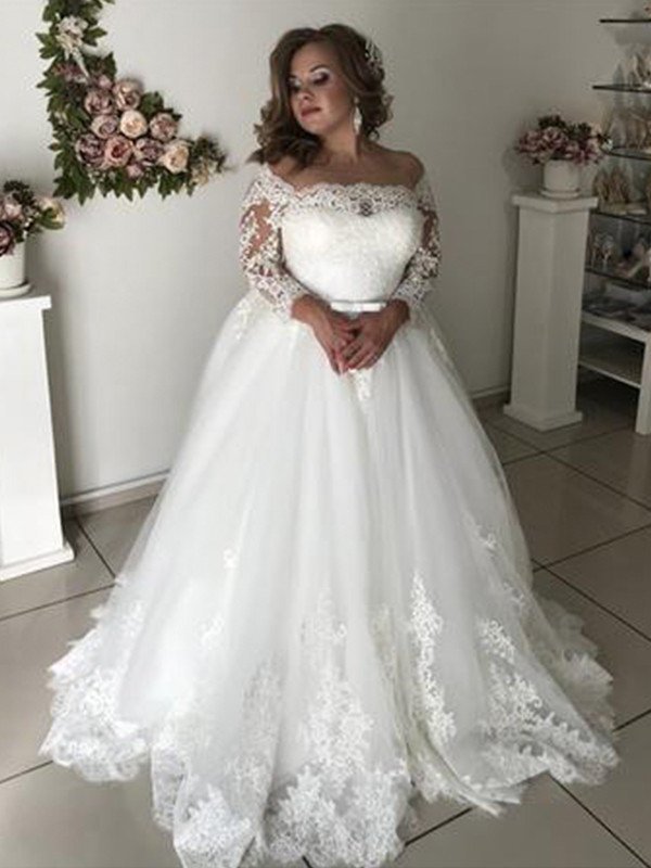 Off-the-Shoulder A-Line/Princess Long Train Sleeves Lace Sweep/Brush Tulle Wedding Dresses
