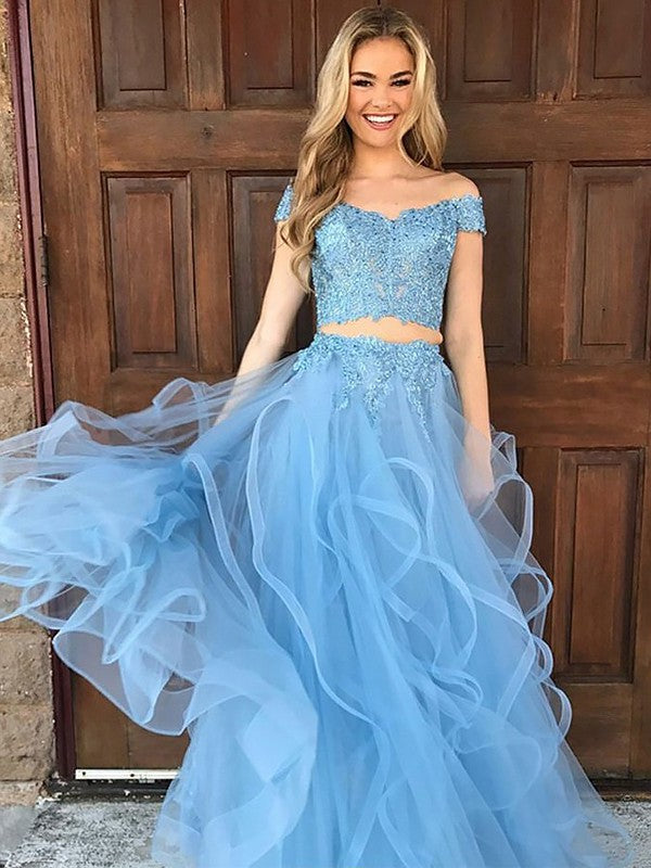 Tulle Sleeveless Floor-Length Off-the-Shoulder Applique A-Line/Princess Two Piece Dresses