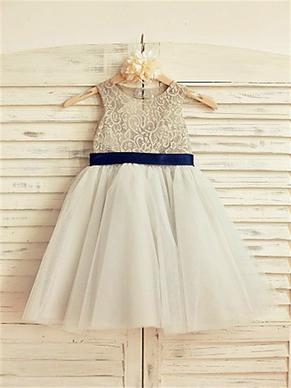 Tulle Scoop Sleeveless A-line/Princess Lace Tea-Length Flower Girl Dresses