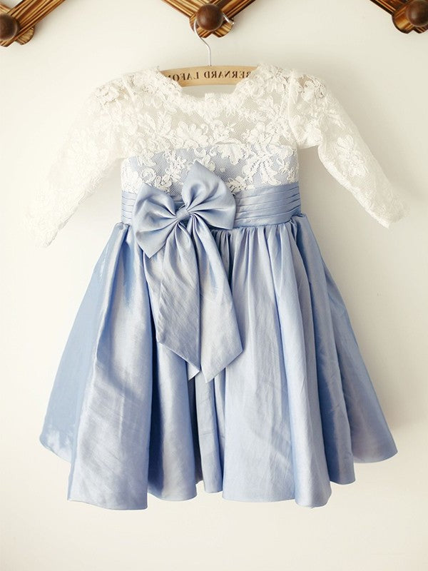 Knee-Length Scoop 3/4 A-Line/Princess Lace Taffeta Sleeves Flower Girl Dresses