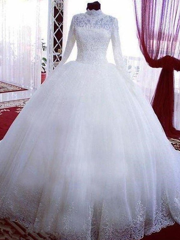 Sleeves Neck Lace Gown Tulle High Long Ball Chapel Train Wedding Dresses