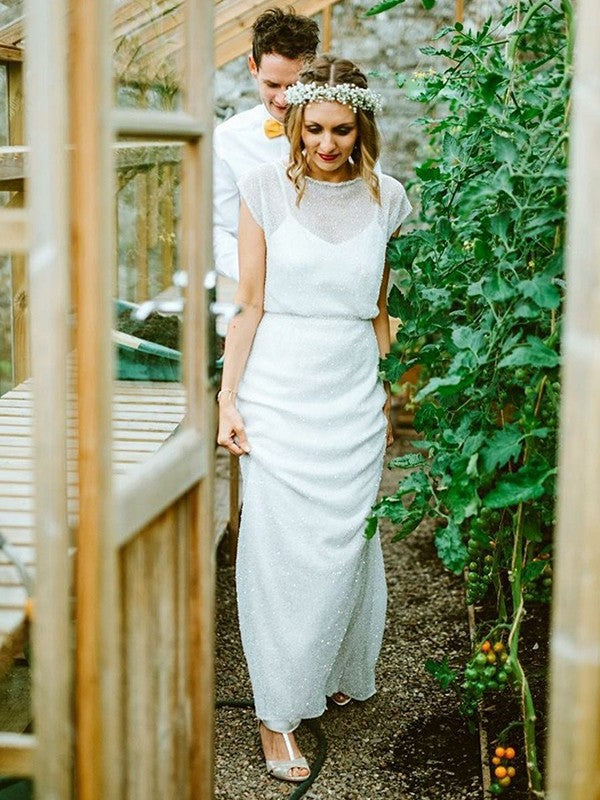 Short Sheath/Column Chiffon Ruffles Sleeves Scoop Floor-Length Wedding Dresses