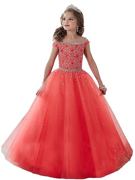 Tulle Floor-Length Beading Ball Sleeveless Off-the-Shoulder Gown Flower Girl Dresses