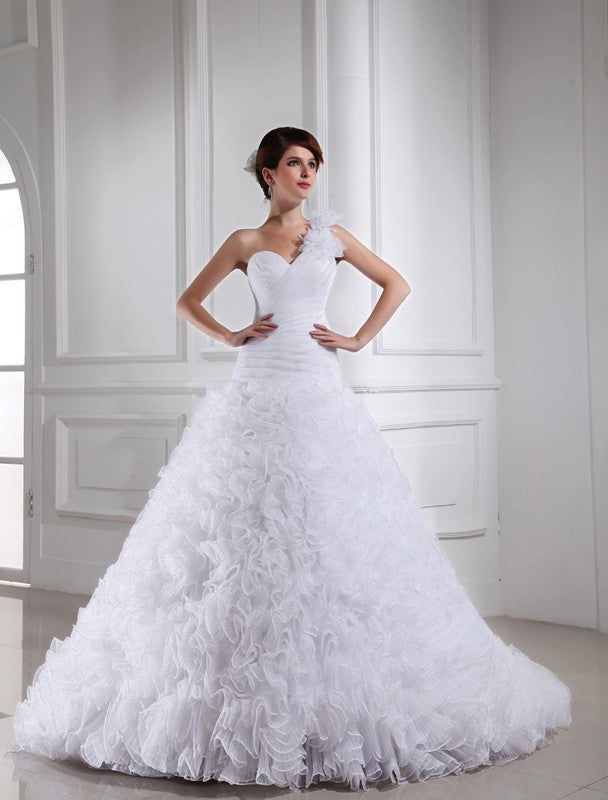Beading One-shoulder Long Gown Sweetheart Sleeveless Ball Organza Wedding Dresses