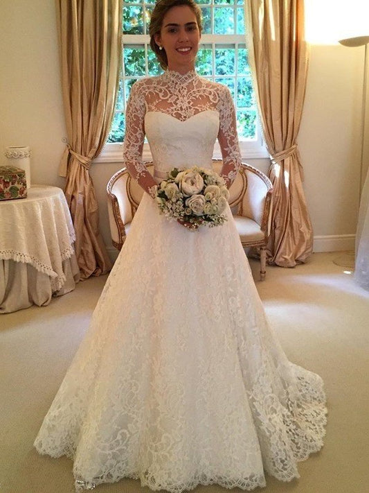 Ball Court Lace Neck Long High Gown Sleeves Train Wedding Dresses