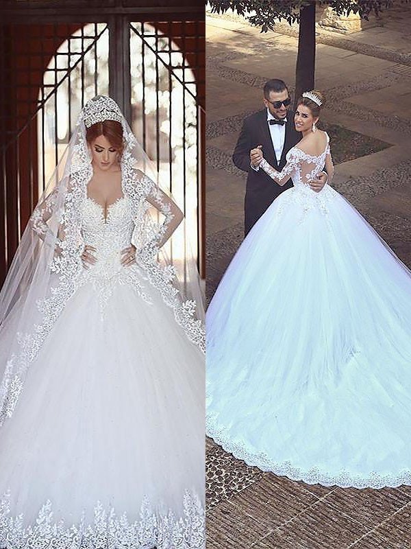 Sleeves Off-the-Shoulder Tulle Gown Ball Court Long Train Wedding Dresses