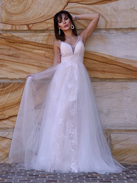 Sweep/Brush Lace V-neck A-Line/Princess Sleeveless Applique Train Wedding Dresses