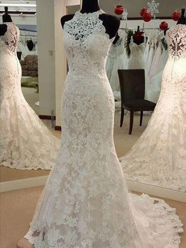 Sweep/Brush Sheath/Column Sleeveless Applique Train Scoop Lace Wedding Dresses