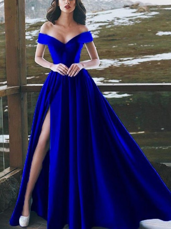 A-Line/Princess Floor-Length Sleeveless Off-the-Shoulder Ruffles Satin Dresses
