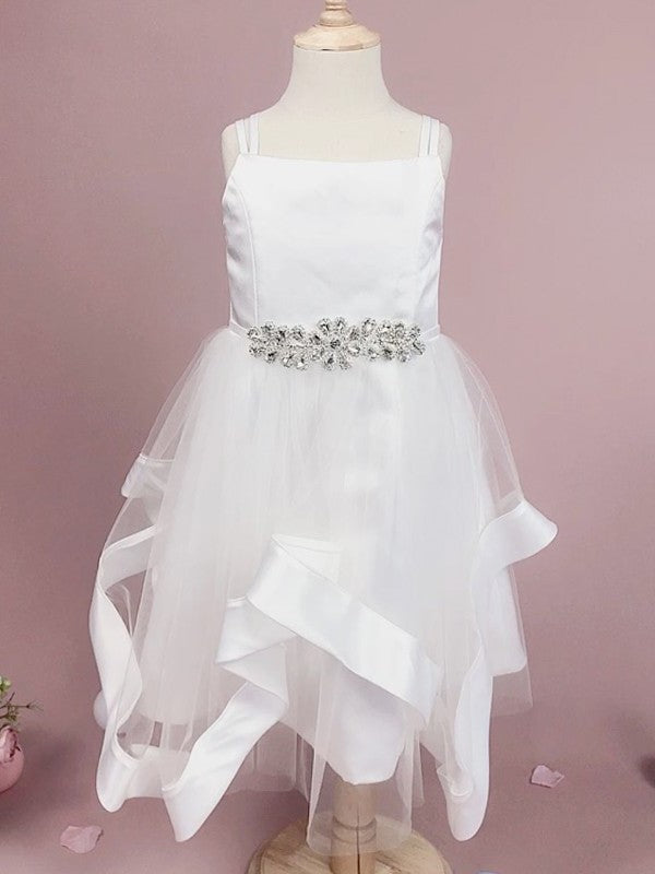 Beading Sleeveless A-Line/Princess Tea-Length Straps Tulle Flower Girl Dresses