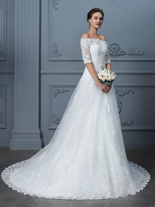 Ball Court Sleeves 1/2 Off-the-Shoulder Gown Train Beading Lace Wedding Dresses