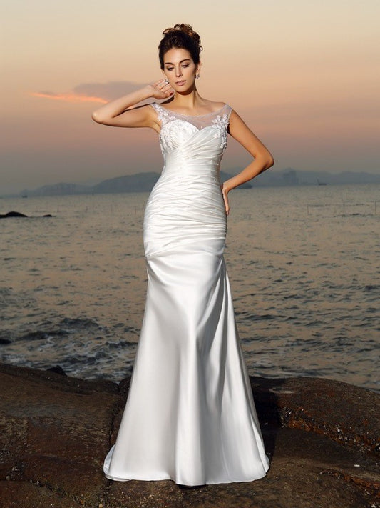 Beading Satin Long Scoop Trumpet/Mermaid Sleeveless Beach Wedding Dresses