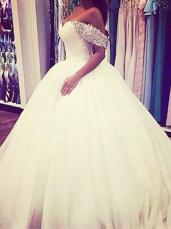 Gown Train Sweep/Brush Sleeveless Ball Tulle Off-the-Shoulder Beading Wedding Dresses