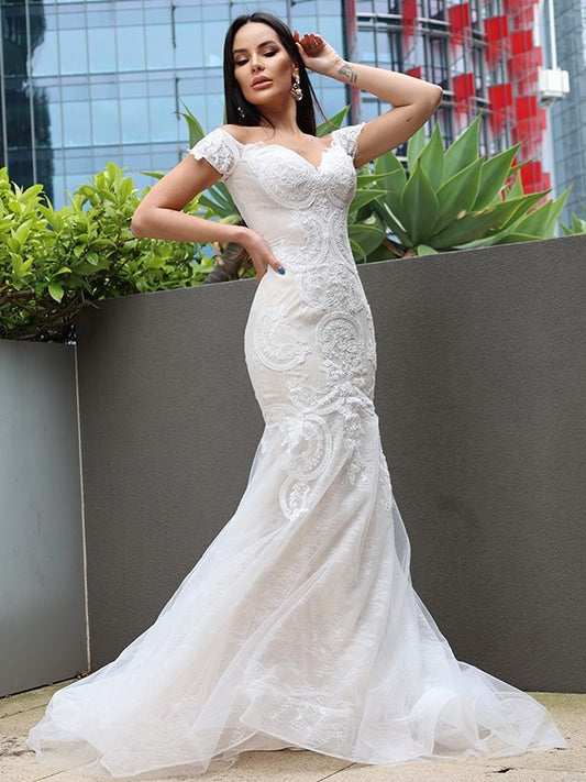 Applique Sleeveless Trumpet/Mermaid Tulle Sweep/Brush Off-the-Shoulder Train Wedding Dresses