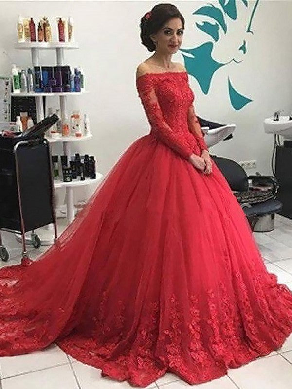 Tulle Sleeves Long Lace Off-the-Shoulder Ball Gown Court Train Dresses