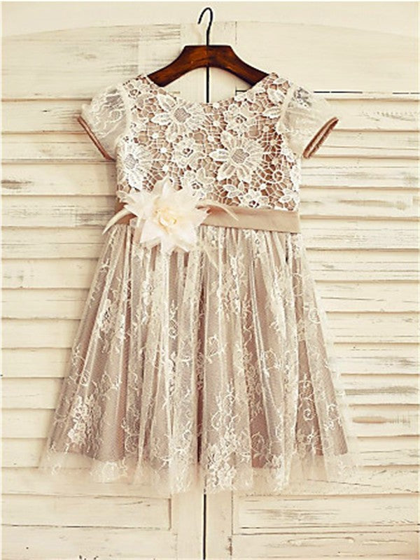 Tea-Length Scoop Sleeves Lace Flower Short A-line/Princess Hand-made Flower Girl Dresses