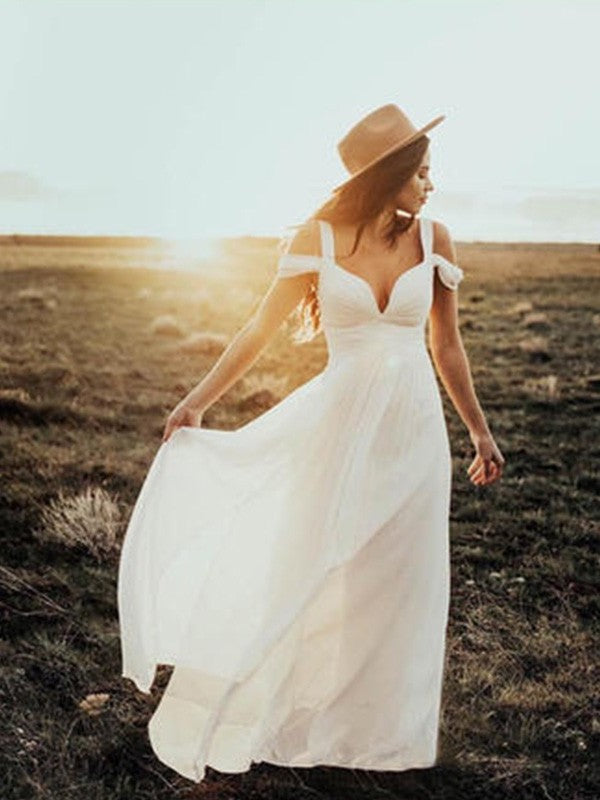 Sleeves Short A-Line/Princess Floor-Length Straps V-neck Ruffles Chiffon Wedding Dresses