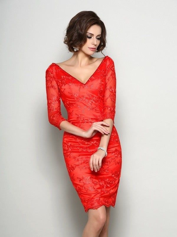 Sheath/Column V-neck Mother of Short Lace Lace Sleeves 1/2 the Bride Dresses