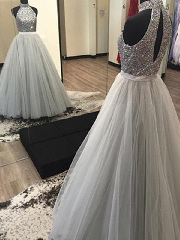 Floor-Length Sleeveless A-Line/Princess Halter Beading Tulle Dresses