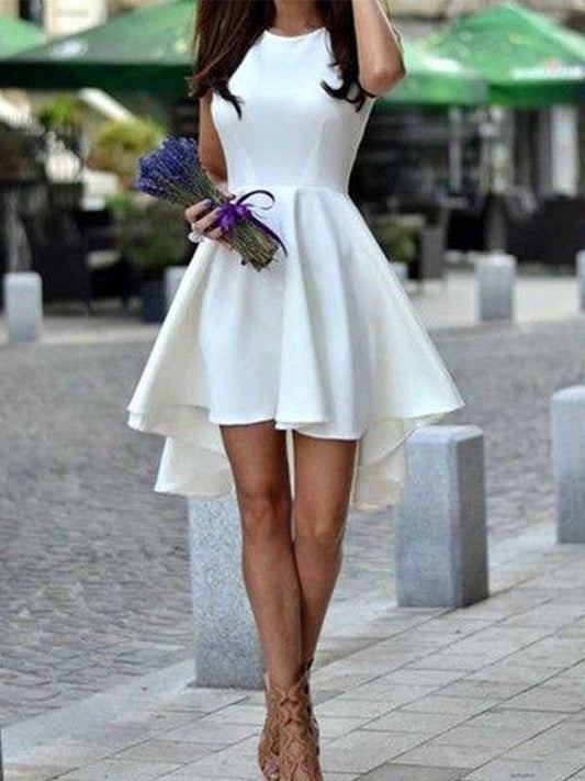 Short Satin With Jewel Ruffles A-Line Cut White Homecoming Dresses