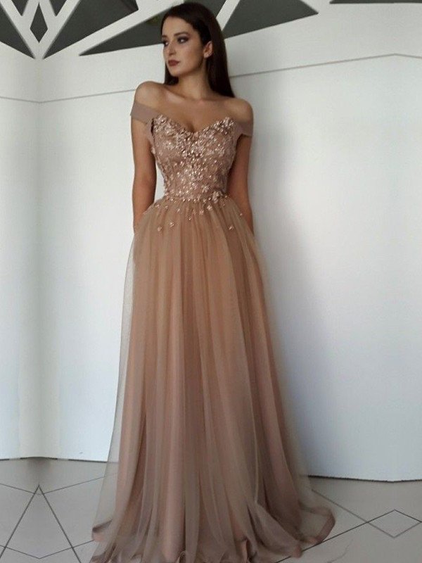 Off-the-Shoulder Floor-Length A-Line/Princess Sleeveless Applique Tulle Dresses