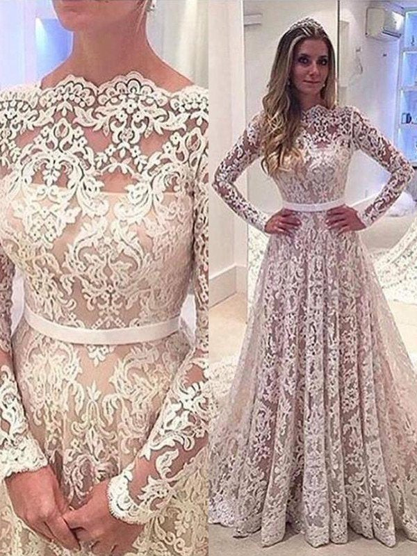 Lace Bateau Long A-Line/Princess Sleeves Court Train Wedding Dresses