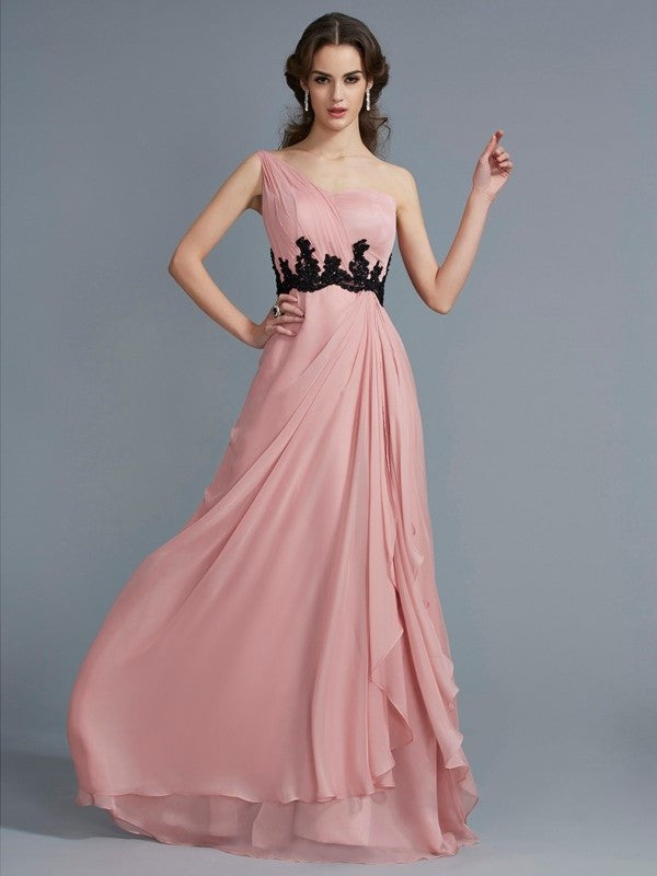 A-Line/Princess Sleeveless Beading One-Shoulder Long Applique Chiffon Dresses
