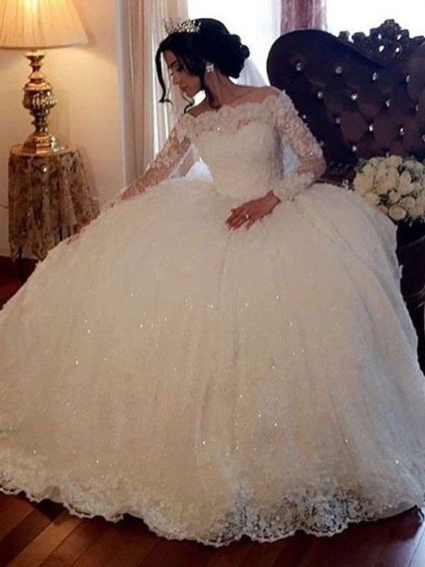 Gown Floor-Length Sleeves Bateau Long Ball Lace Wedding Dresses