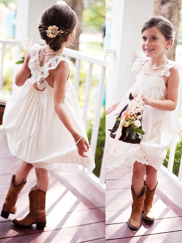 A-Line/Princess Square Knee-Length Lace Chiffon Sleeveless Flower Girl Dresses