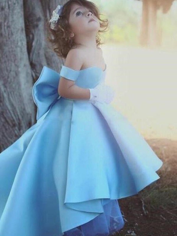 Sleeveless Satin Ruffles Off-the-Shoulder Gown Ball Asymmetrical Flower Girl Dresses