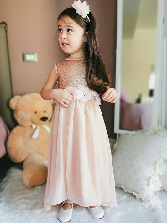 A-Line/Princess Scoop Sleeveless Chiffon Floor-Length Sequin Flower Girl Dresses