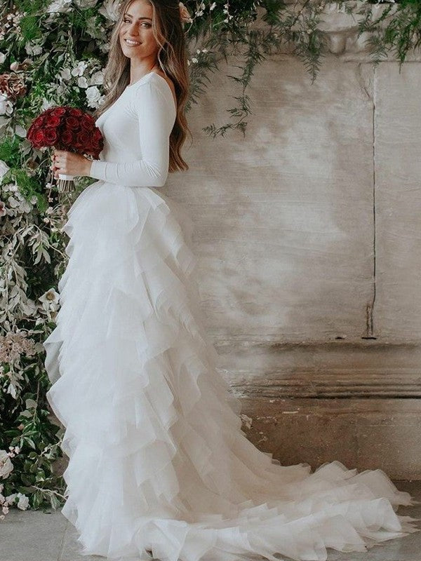 Sleeves Long Sweep/Brush Tulle A-Line/Princess Scoop Ruffles Train Wedding Dresses
