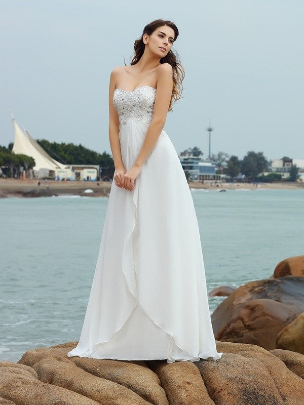 Sweetheart Long A-Line/Princess Chiffon Beading Sleeveless Beach Wedding Dresses