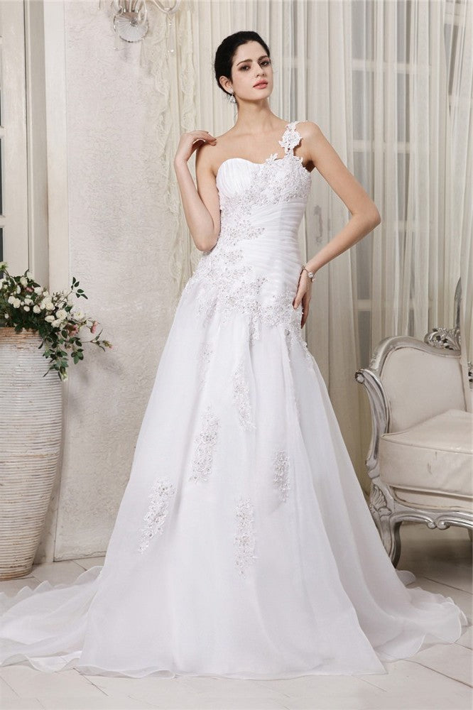 A-Line/Princess Sleeveless One-Shoulder Applique Beading Long Organza Wedding Dresses