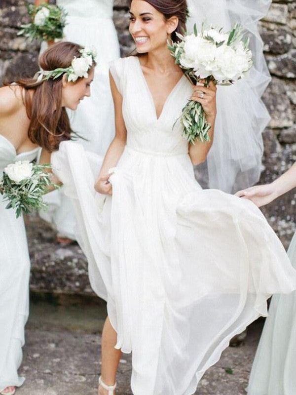 Sleeveless A-Line/Princess V-neck Ruffles Floor-Length Chiffon Wedding Dresses