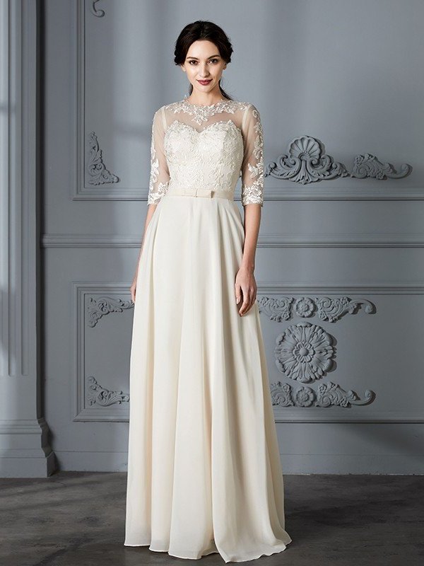 Floor-Length Scoop A-Line/Princess 1/2 Sleeves Chiffon Wedding Dresses
