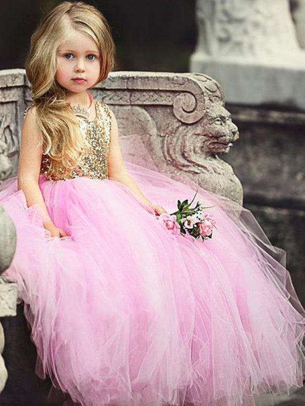 Sequin Floor-Length Gown Tulle Sleeveless Ball Scoop Flower Girl Dresses