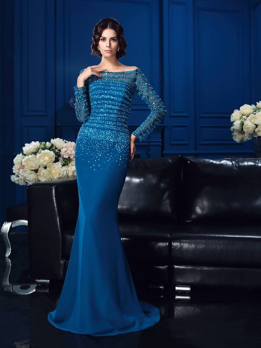 Beading Long Sleeves Off-the-Shoulder Sheath/Column of Mother Chiffon Long the Bride Dresses