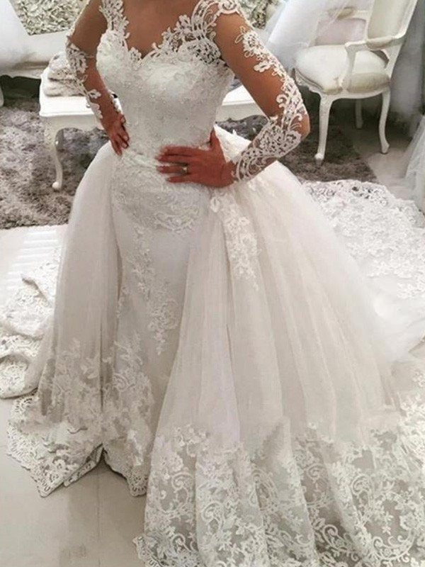 Lace Gown Long V-neck Train Cathedral Ball Sleeves Applique Tulle Wedding Dresses