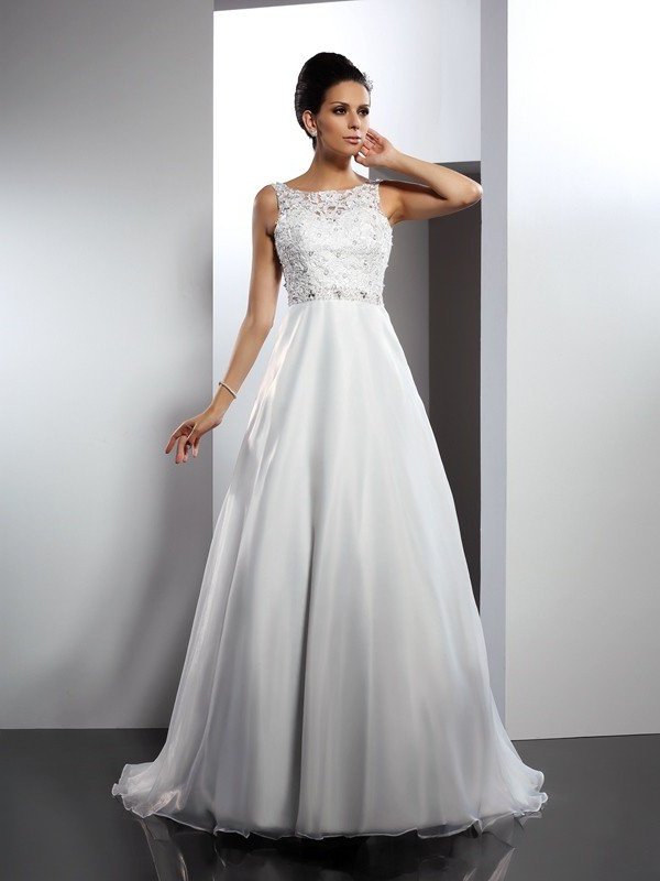 Sleeveless Scoop Ruffles A-Line/Princess Long Satin Wedding Dresses