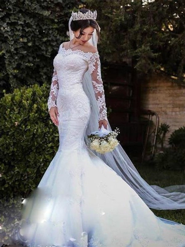 Long Off-the-Shoulder Lace Tulle Sweep/Brush Sleeves Trumpet/Mermaid Train Wedding Dresses