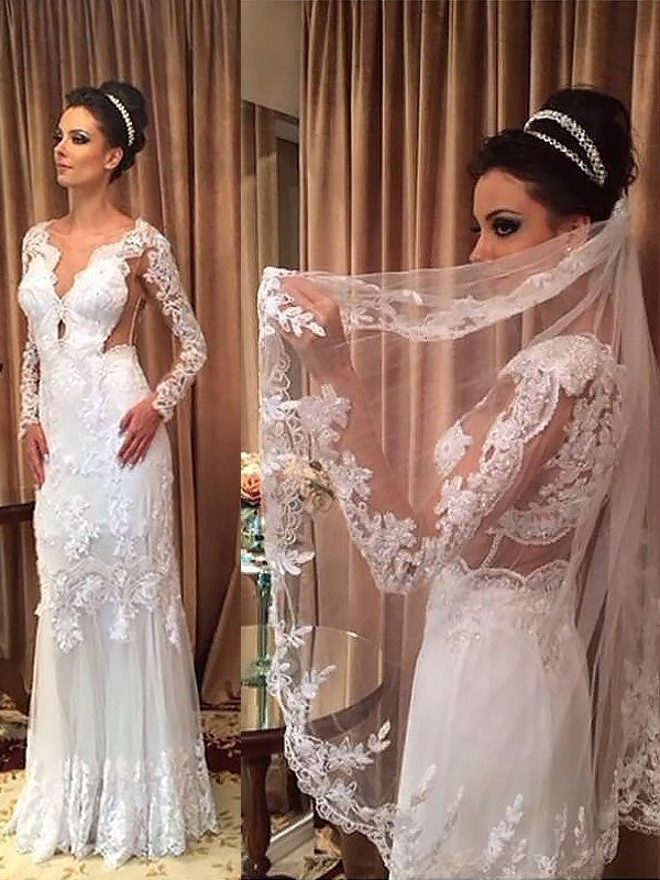 Sheath/Column Tulle V-neck Long Sleeves Floor-Length Wedding Dresses