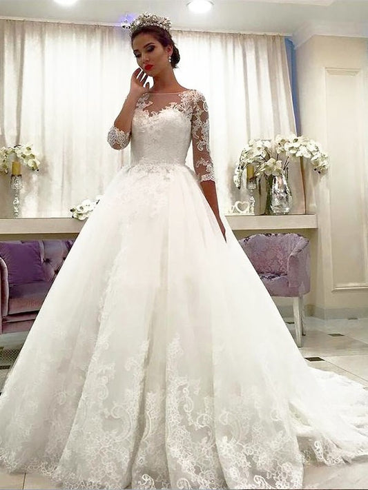 Ball Sleeves Bateau Tulle Lace 3/4 Gown Court Train Wedding Dresses